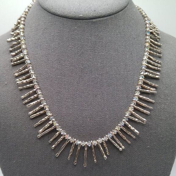 Artisan Crystal Bead Necklace with Silver Tube Beads on Wire, Handmade, 18 Inch - Picture 1 of 10